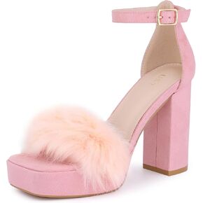 Allegra K Women's Square Toe Faux Fur Platform Chunky Heels Sandals
