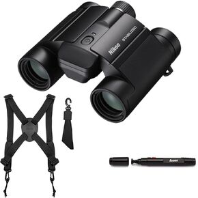 Nikon 10x25 S Dual-Hinge Design Stabilized Binoculars with Multilayer Lens Coatings (Black) Bundle with Focus Camera Binocular Harness and Focus Lens Cleaning Pen (3 Items)
