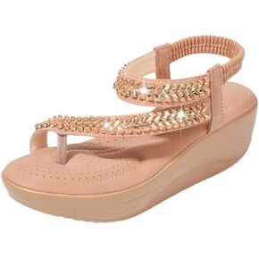 Womens Sandals Comfort Arch Support Sandals Summer Walking Shoes Casual Ankle Elastic Flip Flops Shoes Rhinestone Platforms Wedges