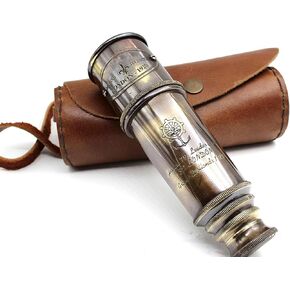 nauticalshoppee 1920 Brass Maritime Vintage Telescope – Handheld Pirate Spyglass with Genuine Leather Case – 15" Expandable Nautical Monocular for Collectors, Hiking & Gift Décor