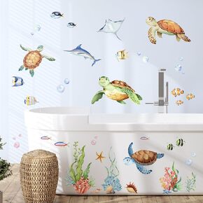 Whales Under The Sea Wall Decals, Sea Turtles Dolphin Jellyfish Wall Stickers Rays Coral Seaweed Peel and Stick Wall Decal Self Adhesive Wall Art Sticker for Baby Nursery Kids Room Home Decor