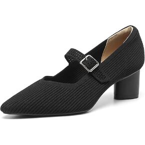 Women's Knit Chunky Heel Pumps with Adjust Buckle Strap Fashion Comfortable Pointed Toe Block Heels Mary Janes Pumps for Party Office Work Dress Shoes
