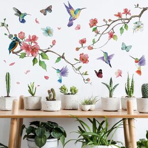 Runtoo Hummingbird Wall Decal Peel and Stick Flower Tree Branch Pink Floral Wall Stickers لغرفة المعيشة غرفة نوم حضانة الطفل
