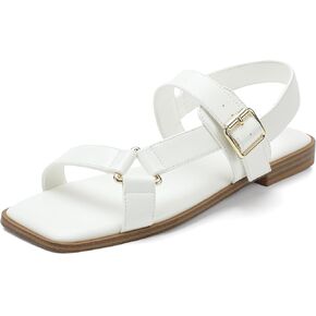 IDIFU Flat Sandals for Women Strappy Slingback Ladies Dress Sandal Summer Beach Cute Dressy Comfortable Flats Ankle Strap Buckle Square Open Toe Trendy Casual Vacation Formal Sandals