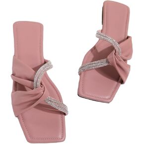 Verdusa Women's Twist Rhinestone Sandals Square Toe Glitter Slip on Leather Flats