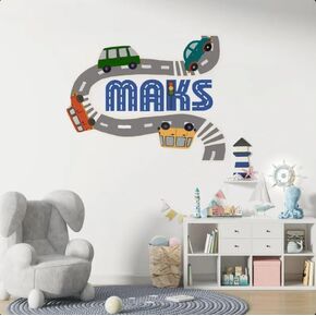 Name Car Wall Decal for Boys Bedroom – Personalized Vehicle Sticker Set with Road Signs, Trucks, Traffic Light, Peel and Stick Vinyl Art for Kids Playroom, Nursery, Baby Room Decor MC14