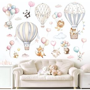 Cartoon Hot Air Balloons Wall Stickers Animals Self Adhesive Non-Toxic Wall Decals for Kids' Bedroom Living Room