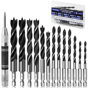13PCS Hex Shank Brad Point Wood Drill Bit Set with Center Punch, 3/4/5/6/7/8/10/12mm Twist Wood Working Drill with Double Flutes Design for Woodworking Carpentry Chipboard Plastics Rubber Drilling