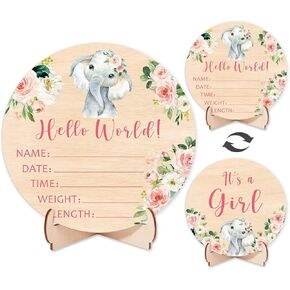 علامة ميلاد حديثي الولادة الخشبية على الوجهين ، Girl Pink Floral Elephant Baby Signage ، Hello World Name Sign for Hospital ، هدية لـ Mom Mom New Baby Shower ، Photography Prop