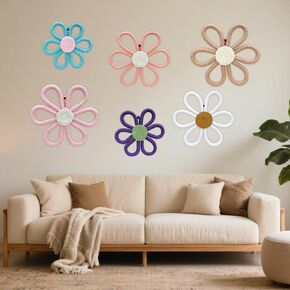 KOLODOGO 6PCS Daisy Flower Wall Decor Macrame Hanging Set Handmade Cotton Boho Walls Art for Nursery Baby Shower Wedding Office Decor