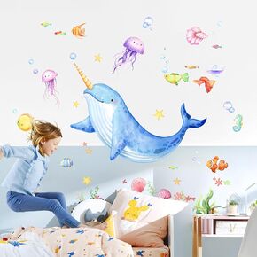 Under The Sea Wall Decals, Whales Jellyfish Conch Wall Stickers Vinyl Peel and Stick Wall Decal Self Adhesive Wall Art Sticker for Baby Nursery Kids Room Home Decor