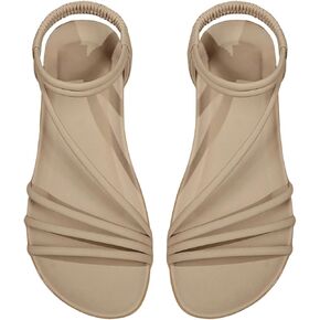 OYOANGLE Women's Leather Strappy Slingback Sandals Open Toe Slide On Ankle Strap Flat Sandals