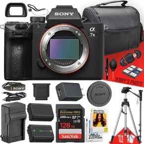 كاميرا Sony A7 III بدون مرآة (الجسم فقط) + 128 جيجابايت ذاكرة + ترايبود + حالة + مونوبود + قارئ بطاقة + شاحن البطارية + أكثر (حزمة 24 ٪) (متجددة)