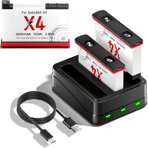 3 Pack 360 X4 Batteries with Charger, 2500mAh Batteries Compatible with Insta 360 X4 Camera, 3-Slot LED Battery Charging Station Fast Charging Hub with USB-C Cable + 3 Battery