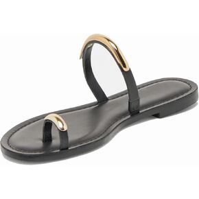 Flat Sandals for Women Metallic Toe Ring Slippers with Strap Comfortable Open Toe Summer Beach Flats Shoes(Black,8)