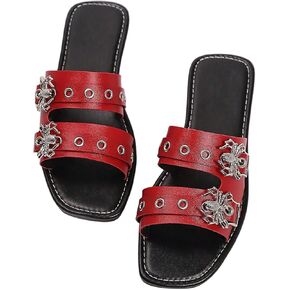 Verdusa Women's Gothic Grommet Eyelet Flat Sandals Square Open Toe Slip on Slide Shoes