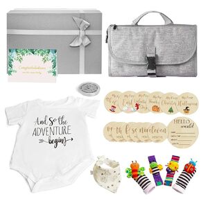 Baby Shower Gifts - Baby Gift Basket Baby Wrist Rattle Socks Portable Diaper Changing Pad Baby Essentials - Gender Reveal Gifts