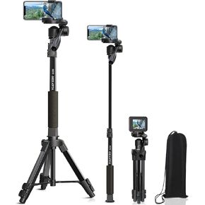 66.7" Camera Tripod Stand with 3-Way Rotating Head, Lightweight Aluminum Travel Tripod for DSLR Camera Smartphone, Compact Phone Mount for Vlogging TikTok Live Streaming