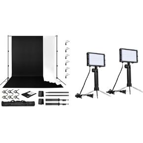 EMART 60 LED Continuous Portable Photography Lighting Kit Table Top with 6.5 x 10ft Backdrop Stand Kit, Black/White 2-in-1 Polyester-Cotton Backdrop