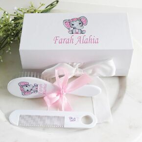 Personalized Baby Gift - Baby Brush and Comb Set, Suitable for Ages 0-3 Years, New Baby Gift - Pink, Blue or Purple Elephant, Elephant Baby Gift (Pink)