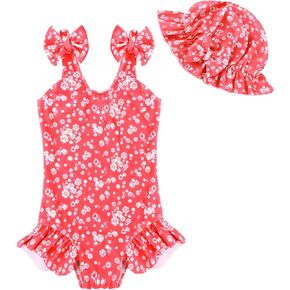 Toddler Baby Girl Swimsuit One-Piece Swimwear Baby Girl Bathing Suits with Hat 18M-6T