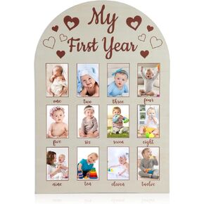 My First Year Photo Frame Board Wooden Baby Gifts First Year Down Birthday Party Decorations New Born Baby Essentials Must Haves (Fits 2" x 3" Photo,Including Acrylic Round Glue)