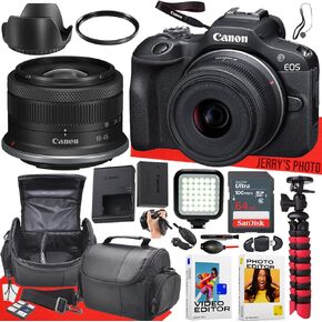 Canon EOS R100 Mirrorless Camera with 18-45mm Lens + 64 GB Memory + LED Light + Camera Case + Hood + Spider Tripod + More (23pc Bundle) (Renewed)