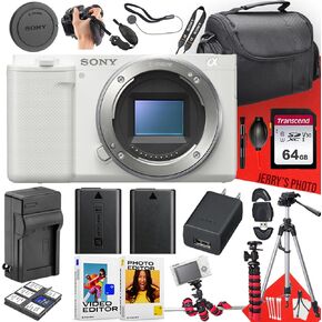 Sony ZV-E10 Mirrorless Camera (White, Body Only) + 64 GB Memory + Extra Battery + Spider Tripod + Case + Tripod + Card Reader + Battery Charger + More (22pc Bundle) (Renewed)
