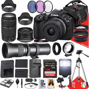 Canon EOS R50 كاميرا بدون مرآة مع 18-45 مم ، 75-300 مم وعدسة 420-800 مم + 128 جيجابايت ذاكرة + غطاء محركي + مونوبود + مرشحات + ترايبود + أكثر (حزمة 33PC) (متجددة) ، أسود)