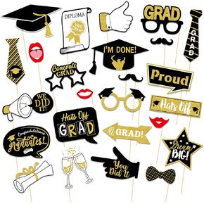 Graduation Photo Booth Props with Wood Stick Class of 2025 Black Gold Accessories Party Supplies Photography Backdrop Decor 25 Pcs