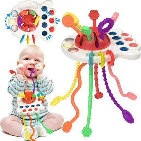 Baby Teething Toys for 6-12 Months, Sensory Montessori Silicone Pull String Infant Toys for 6 9 12 18 Months, Toddler Travel Toy for 1 2 Year Old Boy Girl Birthday Gift Car Seat