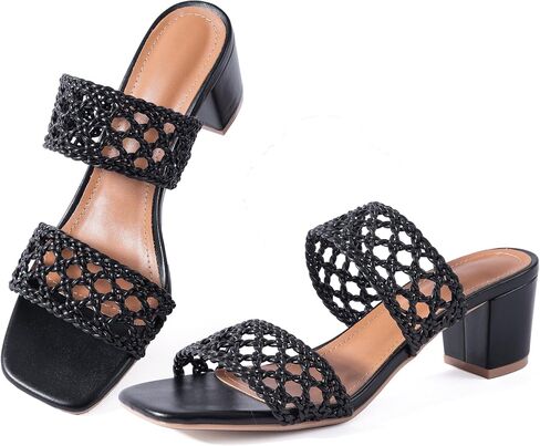 Mtzyoa Women Heels Sandals Summer Hollow Braided Strap Beach Slides Vacation Bohemian Casual Dressy Non Slip Square Toe Everyday Essentials in Saudi Arabia