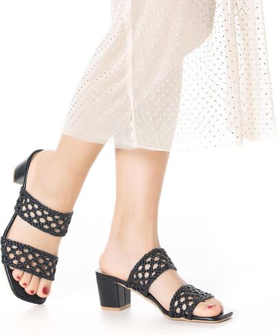 Mtzyoa Women Heels Sandals Summer Hollow Braided Strap Beach Slides Vacation Bohemian Casual Dressy Non Slip Square Toe Everyday Essentials in Saudi Arabia