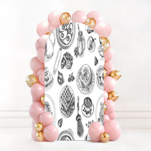 7.2FT Wedding Arch Backdrop Cover Sketch Breakfast Brunch Vintage Design Spandex Fitted Round Top Arch Stand Covers for Birthday Party Baby Shower Banquet Decoration in Saudi Arabia