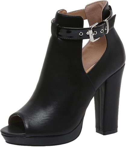 ZDLJYL Women's Open Peep Toe Booties Cutout Side Strap Mid Black Chunky Heel Fashion Ankle Bootie Summer Travel Sandals for Women in Saudi Arabia