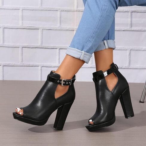 ZDLJYL Women's Open Peep Toe Booties Cutout Side Strap Mid Black Chunky Heel Fashion Ankle Bootie Summer Travel Sandals for Women in Saudi Arabia