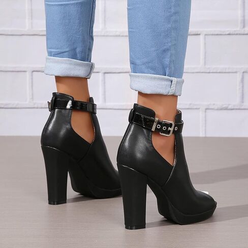 ZDLJYL Women's Open Peep Toe Booties Cutout Side Strap Mid Black Chunky Heel Fashion Ankle Bootie Summer Travel Sandals for Women in Saudi Arabia