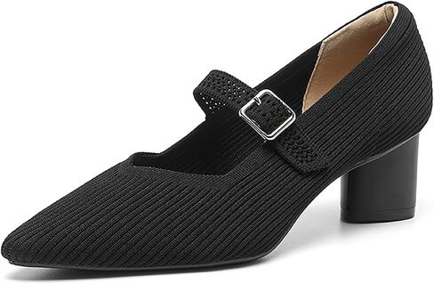 Women's Knit Chunky Heel Pumps with Adjust Buckle Strap Fashion Comfortable Pointed Toe Block Heels Mary Janes Pumps for Party Office Work Dress Shoes in Saudi Arabia