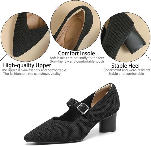 Women's Knit Chunky Heel Pumps with Adjust Buckle Strap Fashion Comfortable Pointed Toe Block Heels Mary Janes Pumps for Party Office Work Dress Shoes in Saudi Arabia