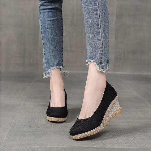 Women's Closed Toe Espadrilles Wedge Sandals Round Slip On Comfy Platform Pumps Shoes Solid Color Pointed Comfortable Canvas Wide Width Sandal Shoes Dressy Casual Summer Espadrille Wedges in Saudi Arabia