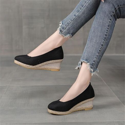 Women's Closed Toe Espadrilles Wedge Sandals Round Slip On Comfy Platform Pumps Shoes Solid Color Pointed Comfortable Canvas Wide Width Sandal Shoes Dressy Casual Summer Espadrille Wedges in Saudi Arabia