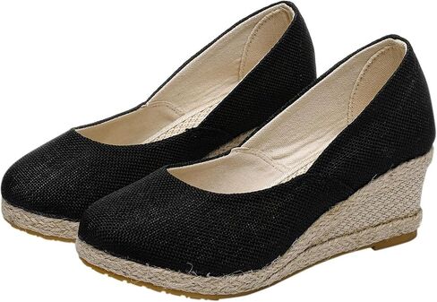 Women's Closed Toe Espadrilles Wedge Sandals Round Slip On Comfy Platform Pumps Shoes Solid Color Pointed Comfortable Canvas Wide Width Sandal Shoes Dressy Casual Summer Espadrille Wedges in Saudi Arabia