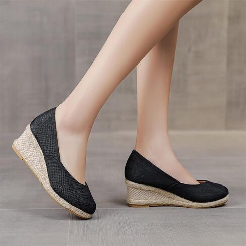 Women's Closed Toe Espadrilles Wedge Sandals Round Slip On Comfy Platform Pumps Shoes Solid Color Pointed Comfortable Canvas Wide Width Sandal Shoes Dressy Casual Summer Espadrille Wedges in Saudi Arabia