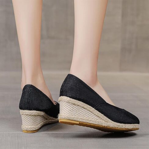 Women's Closed Toe Espadrilles Wedge Sandals Round Slip On Comfy Platform Pumps Shoes Solid Color Pointed Comfortable Canvas Wide Width Sandal Shoes Dressy Casual Summer Espadrille Wedges in Saudi Arabia