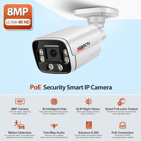 8MP POE Security Camera 4K Poe IP Bullet Camera 2.8mm110 ° العدسة الزاوية العريضة ، AI الكشف عن الإنسان/المركبات ، الحديث 2 ، رؤية ليلية ملونة ، بطاقة microsd حتى 512 جيجابايت ، حالة معدنية كاملة ، 24/7 التسجيل (أسود) in Kuwait