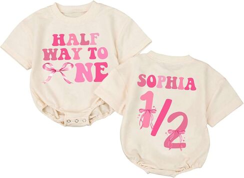 Personalized Half Birthday Outfit Baby Girl Bee, 1/2 Birthday Girl Bubble Romper, Half Way To One Girl in Saudi Arabia