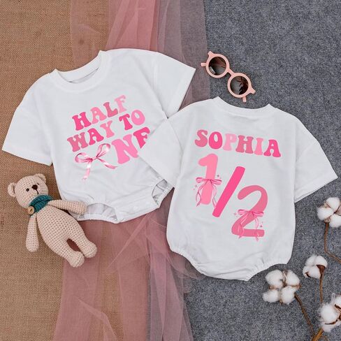 Personalized Half Birthday Outfit Baby Girl Bee, 1/2 Birthday Girl Bubble Romper, Half Way To One Girl in Saudi Arabia