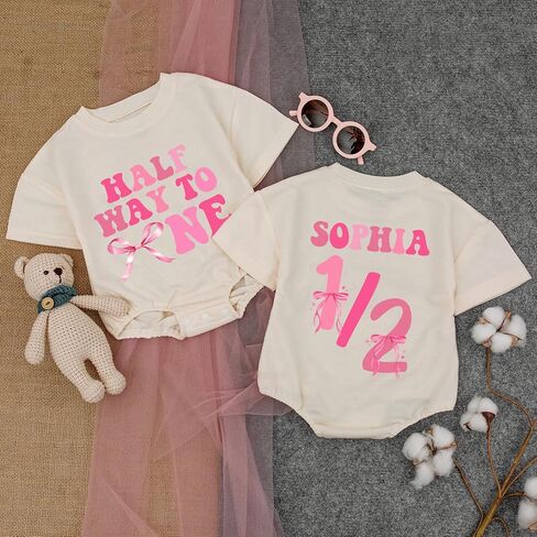 Personalized Half Birthday Outfit Baby Girl Bee, 1/2 Birthday Girl Bubble Romper, Half Way To One Girl in Saudi Arabia