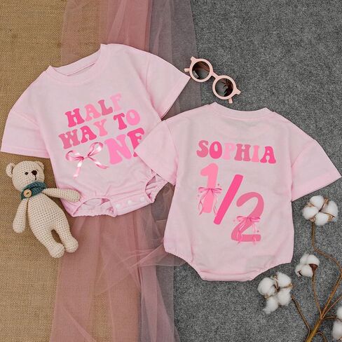 Personalized Half Birthday Outfit Baby Girl Bee, 1/2 Birthday Girl Bubble Romper, Half Way To One Girl in Saudi Arabia