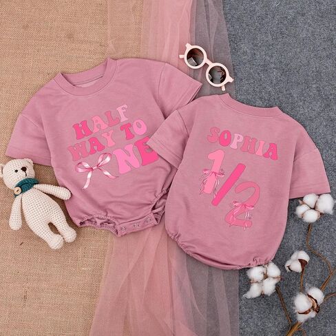 Personalized Half Birthday Outfit Baby Girl Bee, 1/2 Birthday Girl Bubble Romper, Half Way To One Girl in Saudi Arabia